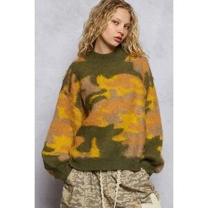 POL Camouflage Wool Blend Fuzzy Mock Neck Balloon‎ Sleeve Sweater L